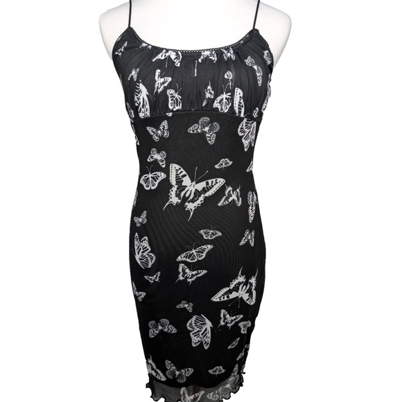 90s Y2K Whimsigoth Babydoll Black Mesh Butterfly Print Empire Waist Dress Small - Picture 1 of 8